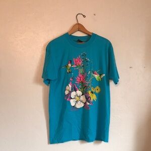 Vintage Teal Graphic T-Shirt with Botanical and Hummingbird Design